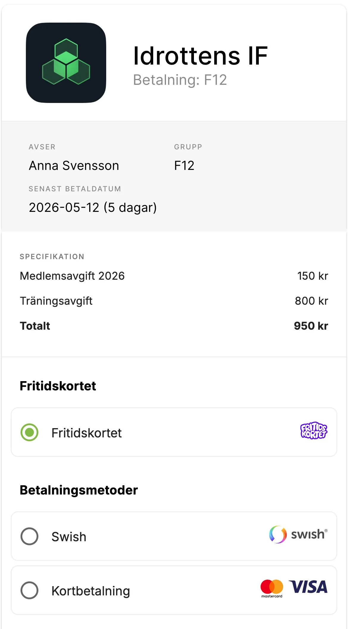 Steg 1: Välj Fritidskortet i Lime Sportadmin
