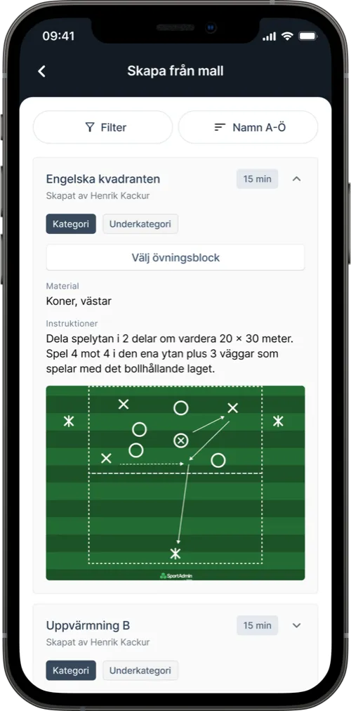 Skapa ett träningspass från en mall i Lime Sportadmin-appen