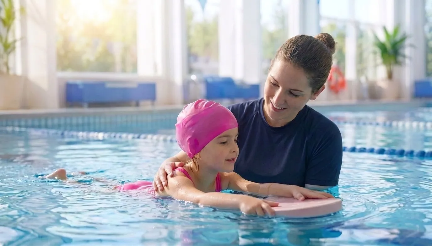 A swim instructor guiding a child in the pool