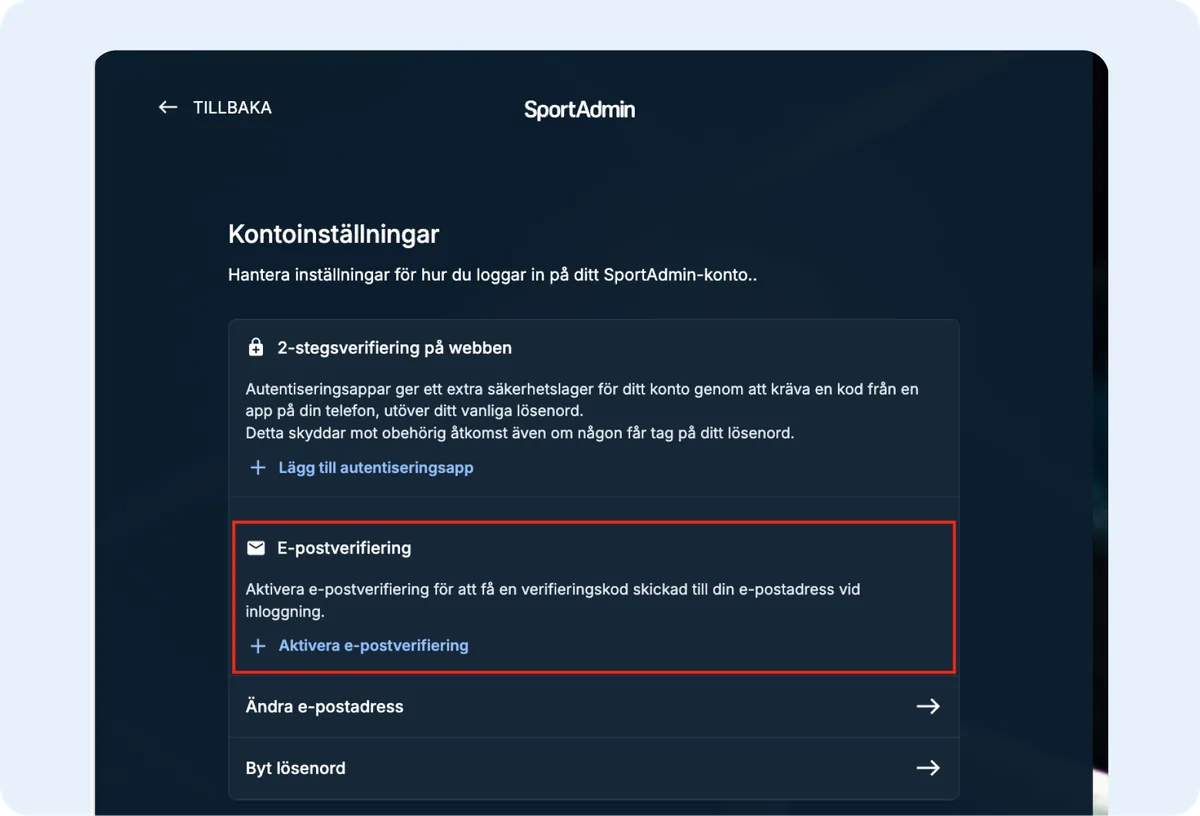 Nytt sätt att aktivera 2-stegsverifiering i Sportadmin