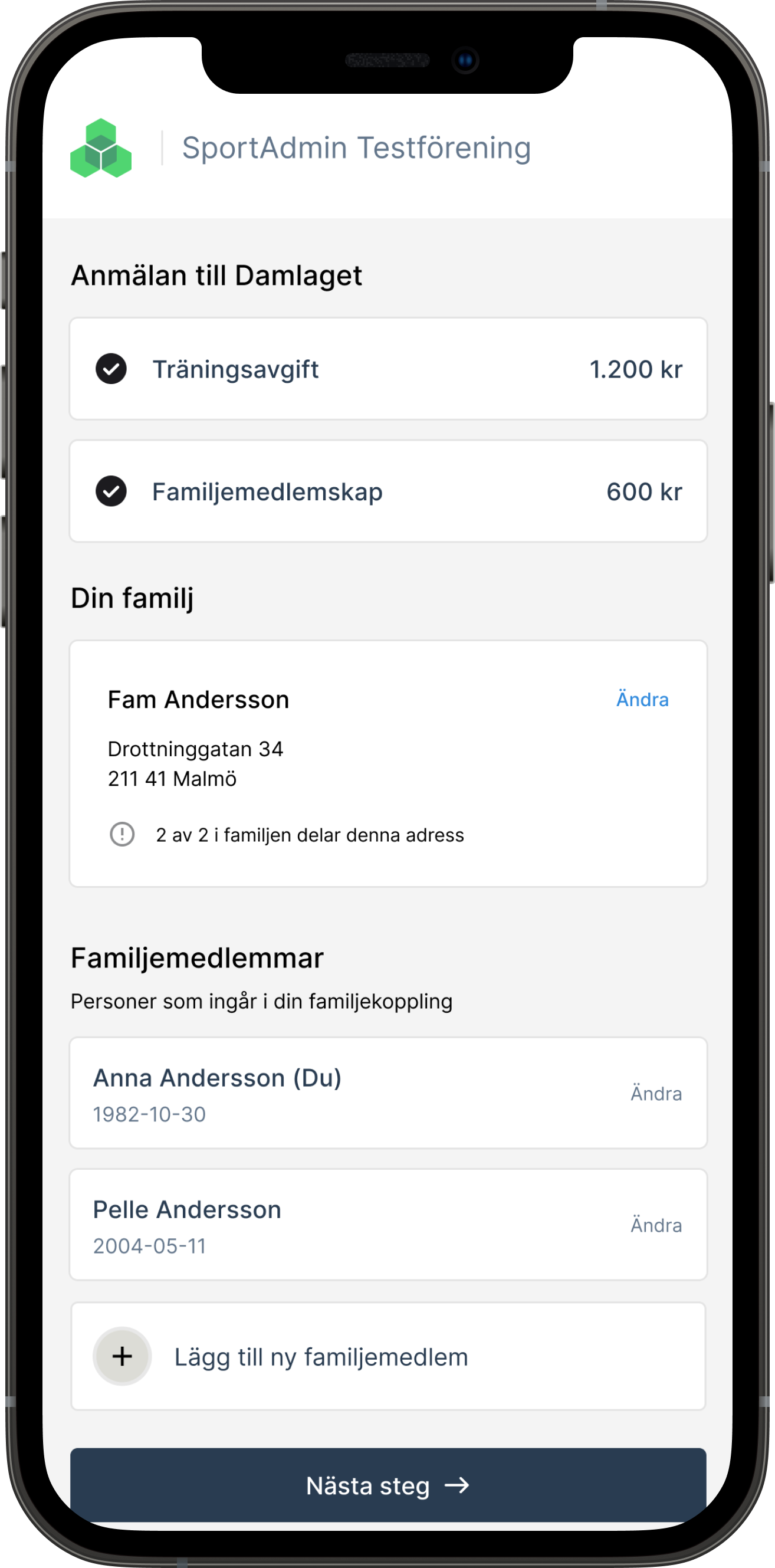 Anmälan med familjemedlemskap i Sportadmin-appen