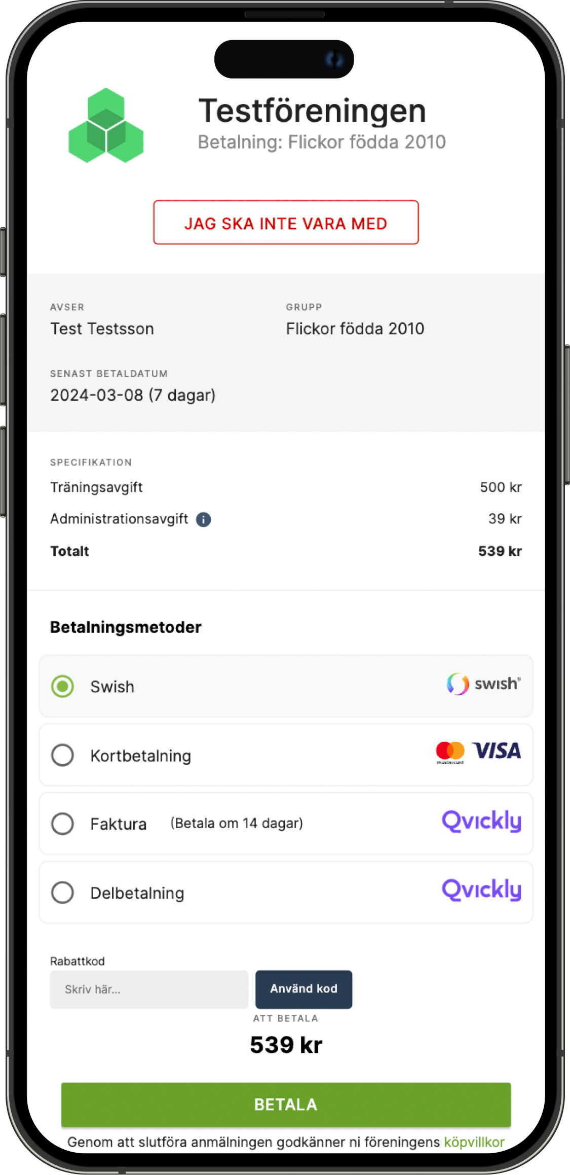 Rabattkod i betalsteget i appen