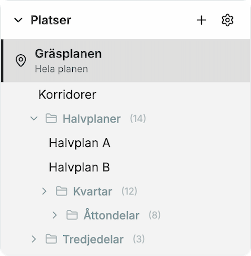 Sidopanelens flik för Platser med tillhörande ytor